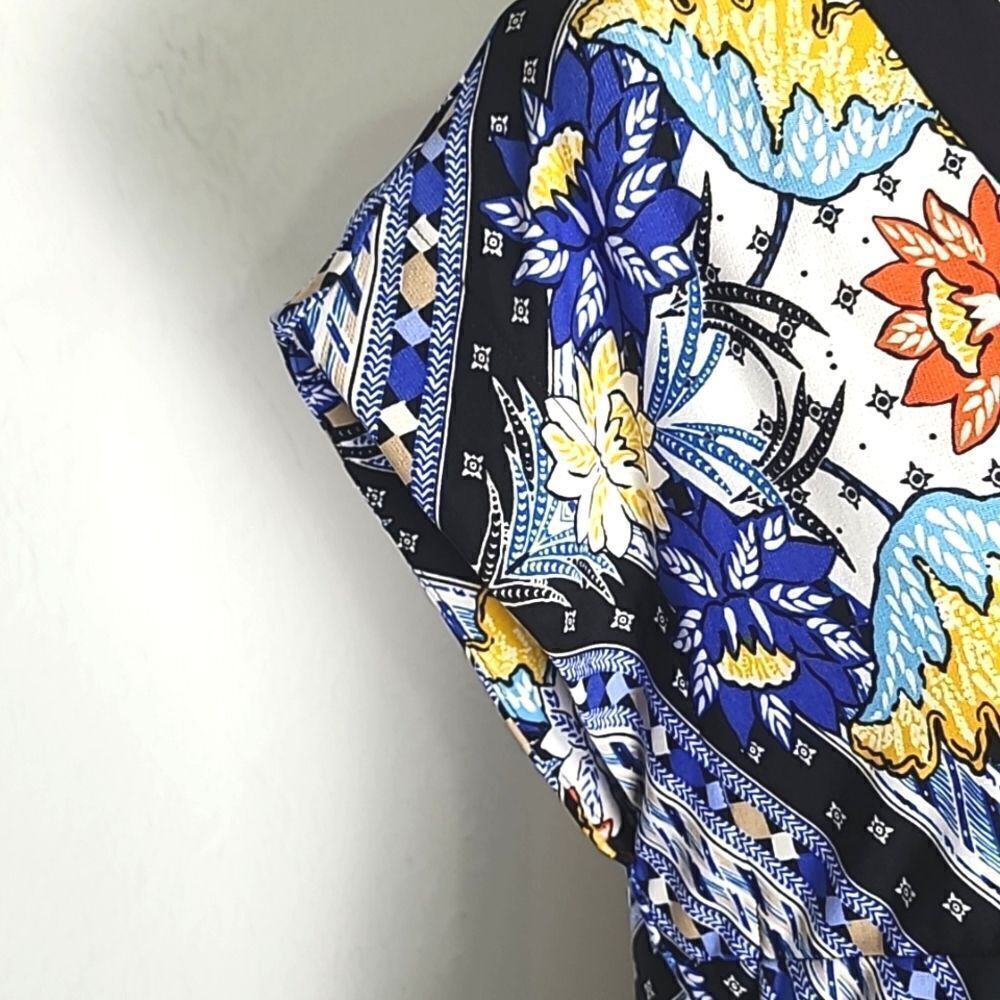 Laundry by Shelli Segal Blue & Yellow Floral Dress with Black Trim, Size Medium - Picture 7 of 9